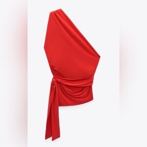 NWT Zara Red One-Shoulder Asymmetrical Top, Ties at Waist, Size Medium